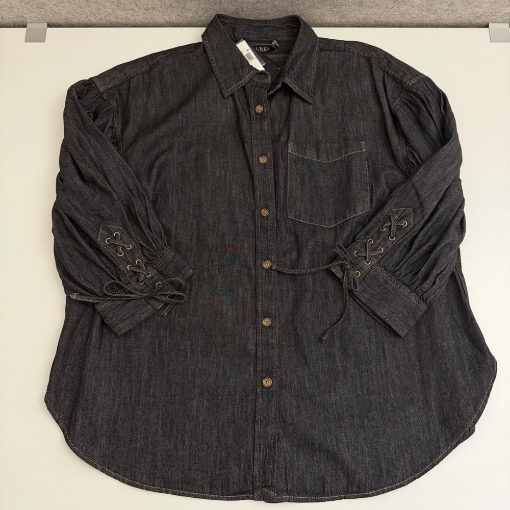 Lauren Ralph Lauren Nightfall Denim Lace Up Sleeve Shirt 1X Cowgirl Boho NEW